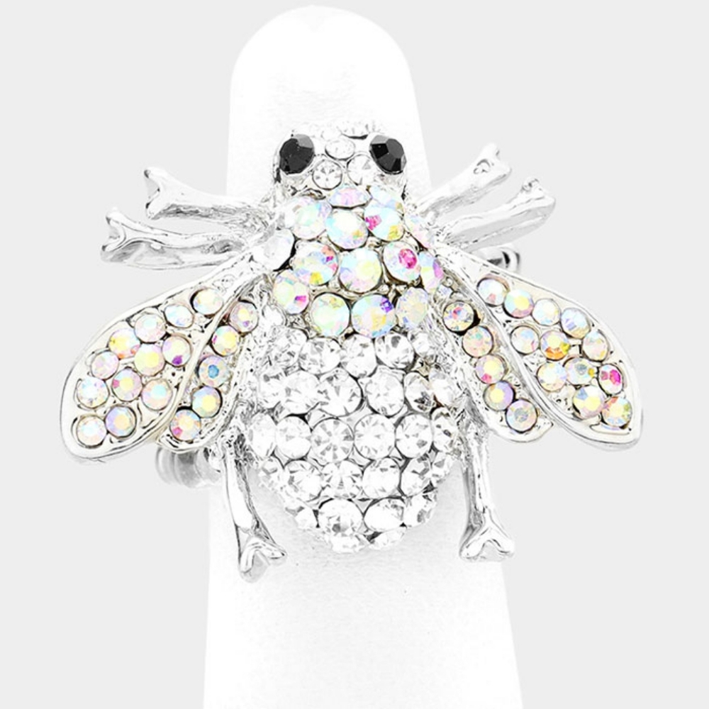 Silver Rhinestone Crystal Stretch HoneyBee Ring Statement Jewelry Accessories